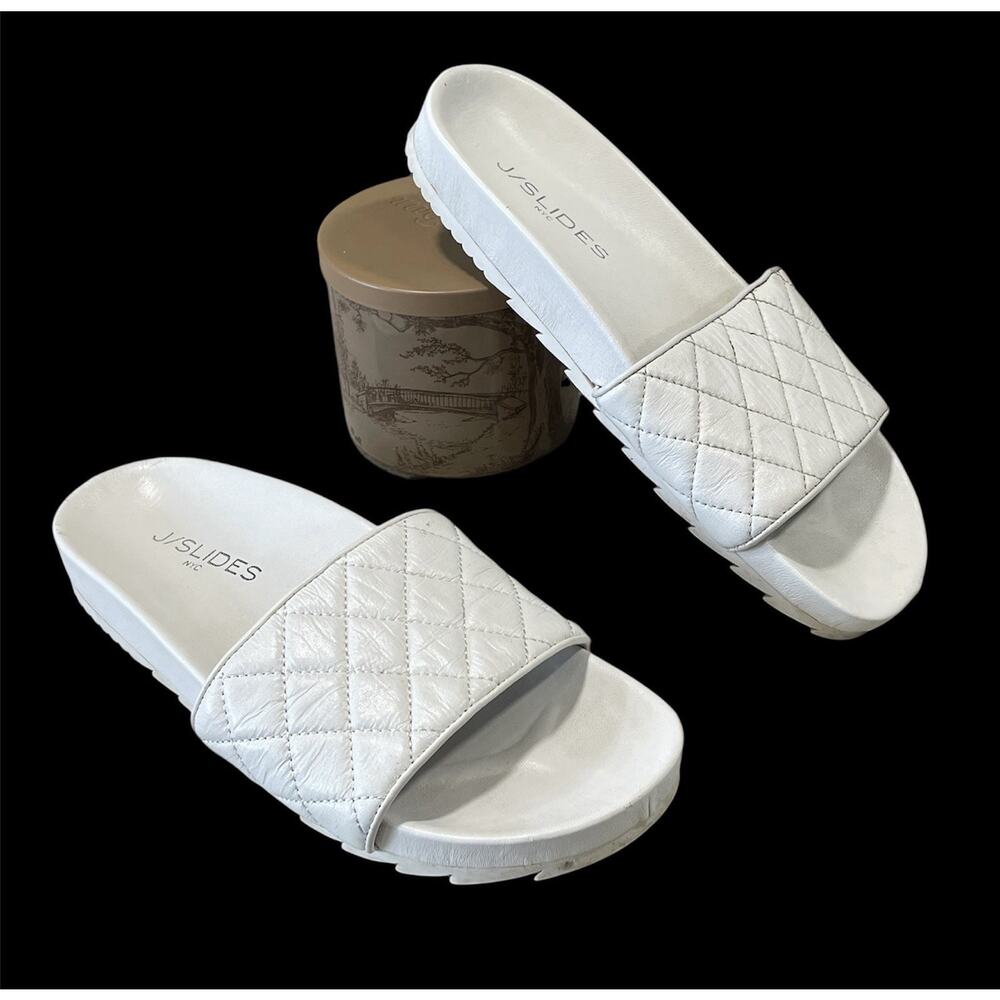 White Leather J/Slides NY Edge Slide Sandals Women’s Size 7 -Summer Casual Wear